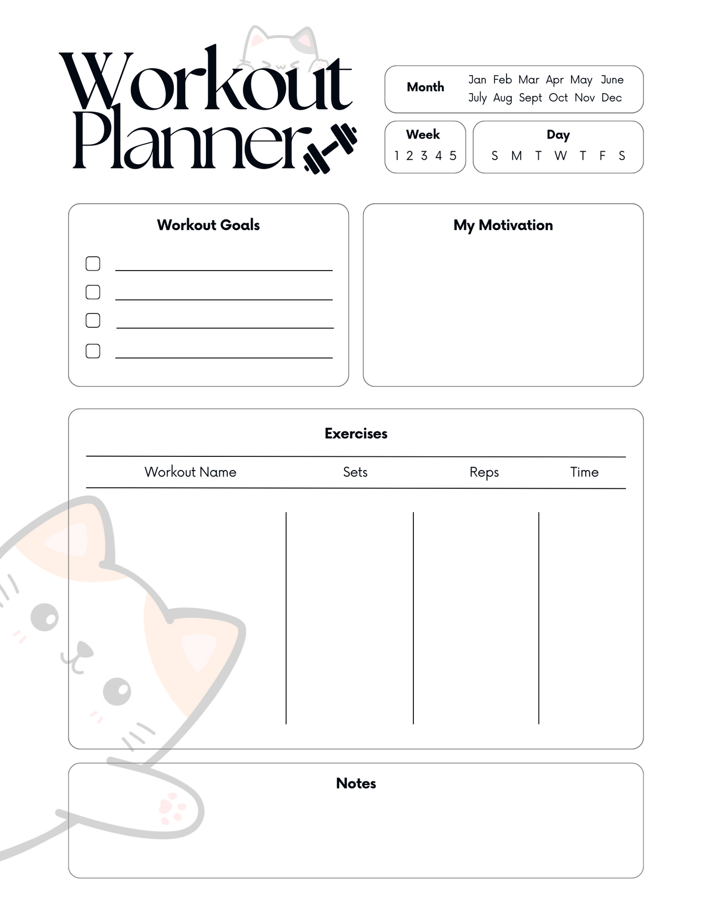 Daily Workout Planner | Printable & Editable Digital Download for Fitness, Bikini Prep & Wellness Goals- Cat Theme