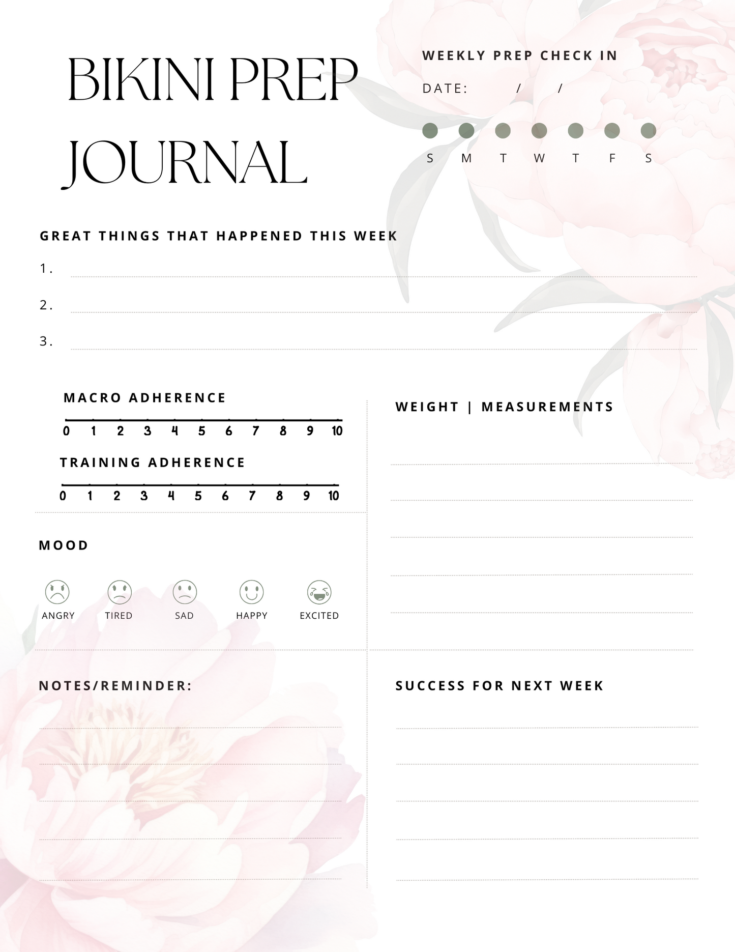 Weekly Bikini Prep Journal | NPC Competition Planner | Digital Download (Editable & Printable)- Peony Theme