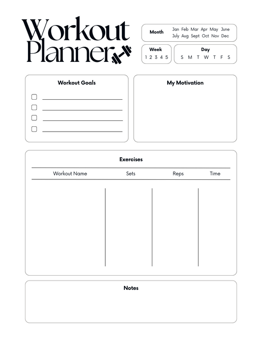 Daily Workout Planner | Printable & Editable Digital Download for Fitness, Bikini Prep & Wellness Goals- Basic Theme
