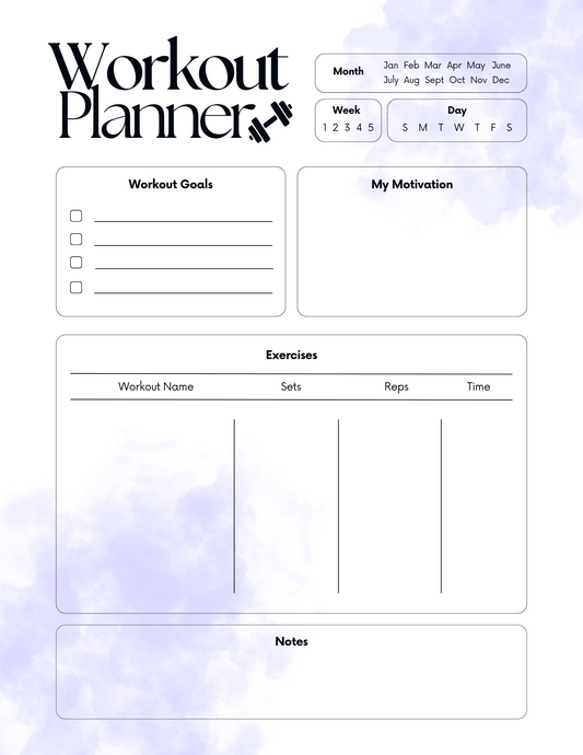 Daily Workout Planner | Printable & Editable Digital Download for Fitness, Bikini Prep & Wellness Goals- Blue Theme
