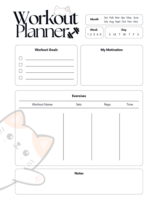 Daily Workout Planner | Printable & Editable Digital Download for Fitness, Bikini Prep & Wellness Goals- Cat Theme