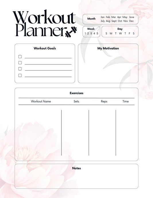 Daily Workout Planner | Printable & Editable Digital Download for Fitness, Bikini Prep & Wellness Goals- Peony Theme