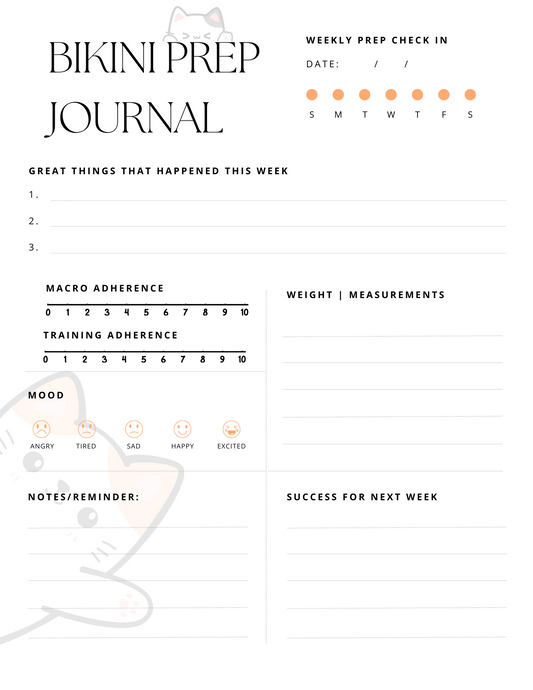 Weekly Bikini Prep Journal | NPC Competition Planner | Digital Download (Editable & Printable)- Cat Theme